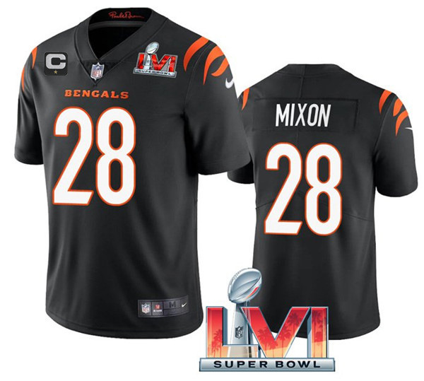 Men's Cincinnati Bengals #28 Joe Mixon 2022 Black With C Patch Super Bowl LVI Vapor Limited Stitched Jersey
